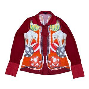 Vintage Y2K Circus Motif Artsy Pop Kitsch Silk-Blend Button Up Shirt Small Red